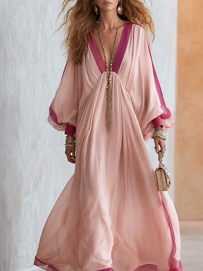 Elegant Pink Color Block Winter Wedding Guest Dress for Women with V Neck Bell Sleeve Flowing Bohemian Style