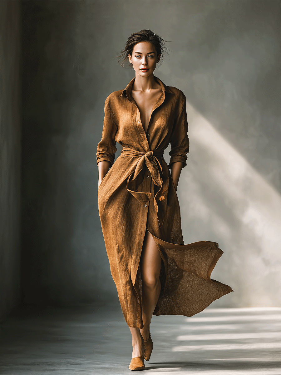 Effortless Brown Shirt Dress for Women with Collar V Neck Tie Waist Long Sleeve Linen Casual Maxi Style