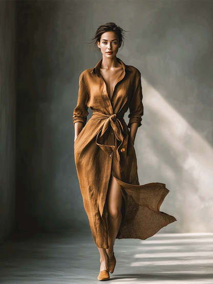 Effortless Brown Shirt Dress for Women with Collar V Neck Tie Waist Long Sleeve Linen Casual Maxi Style