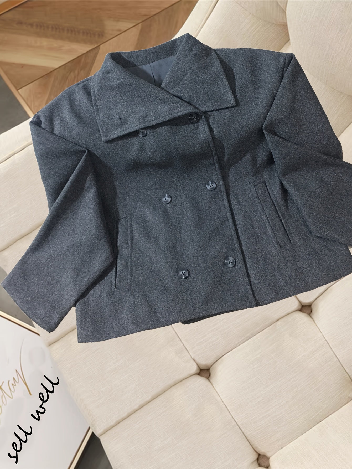 Elegant Wool Pea Coat for Women with Notch Lapel Long Sleeve Double Breasted Cropped Style