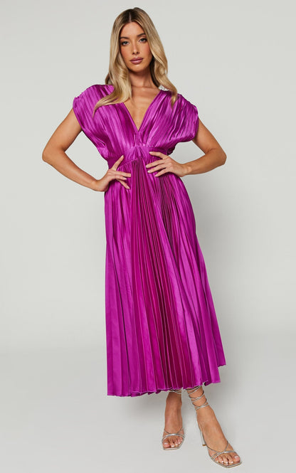 Elegant Pleated Midi Dress for Women with Deep V Neck Formal Wedding Guest Style