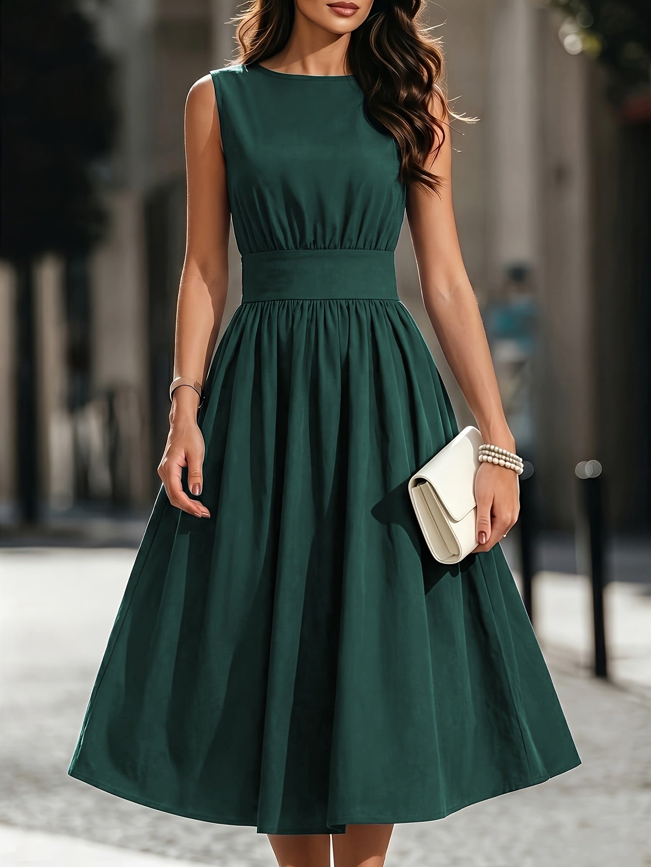 Refined Semi Formal Dress for Women with Round Neck Sleeveless Shirred Waist Fit and Flare Midi Party Style
