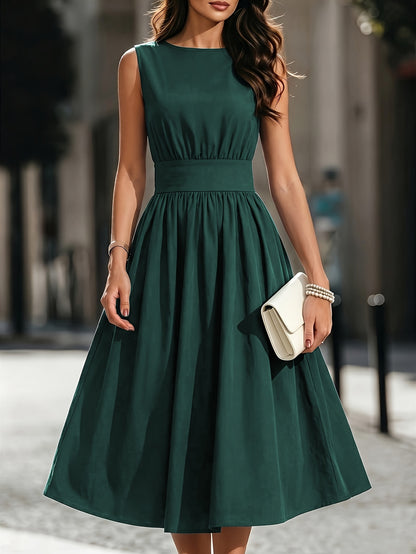 Refined Semi Formal Dress for Women with Round Neck Sleeveless Shirred Waist Fit and Flare Midi Party Style