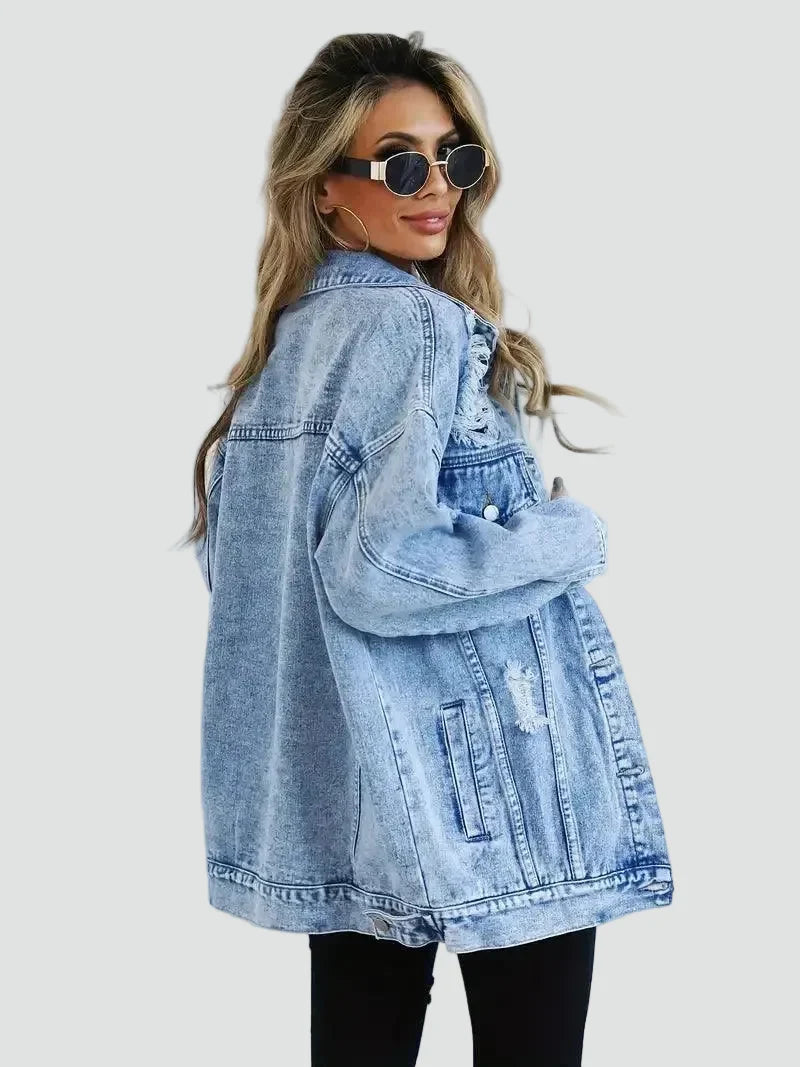 Effortless Light Blue Denim Jacket for Women with Spread Collar Long Sleeve Distressed Oversized Style