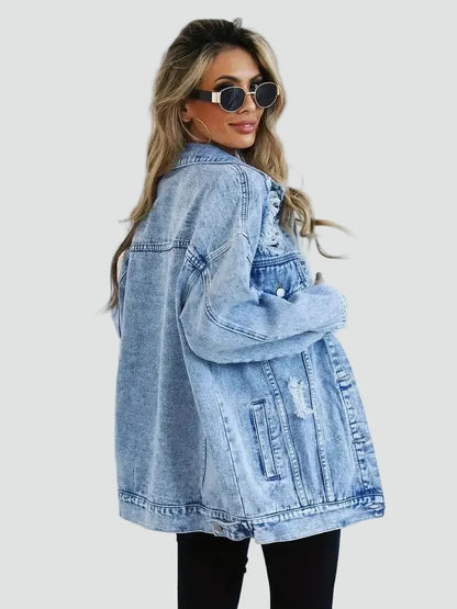 Effortless Light Blue Denim Jacket for Women with Spread Collar Long Sleeve Distressed Oversized Style
