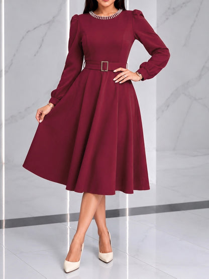 Elegant Burgundy A Line Christmas Party Dress for Women with Pearl Neck Lantern Sleeve Belted Flowing Style