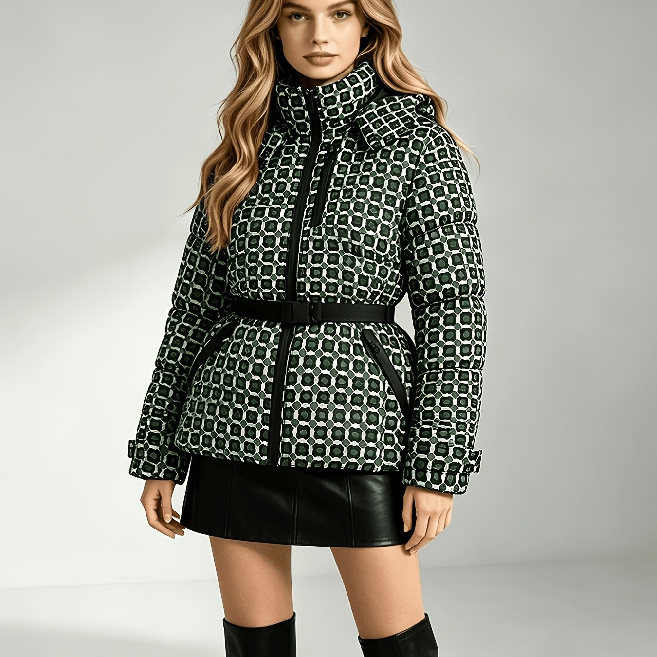 Cozy Glossy Padded Ski Jacket for Women with Detachable Hood Drawstring Belted Waist Quilted Style