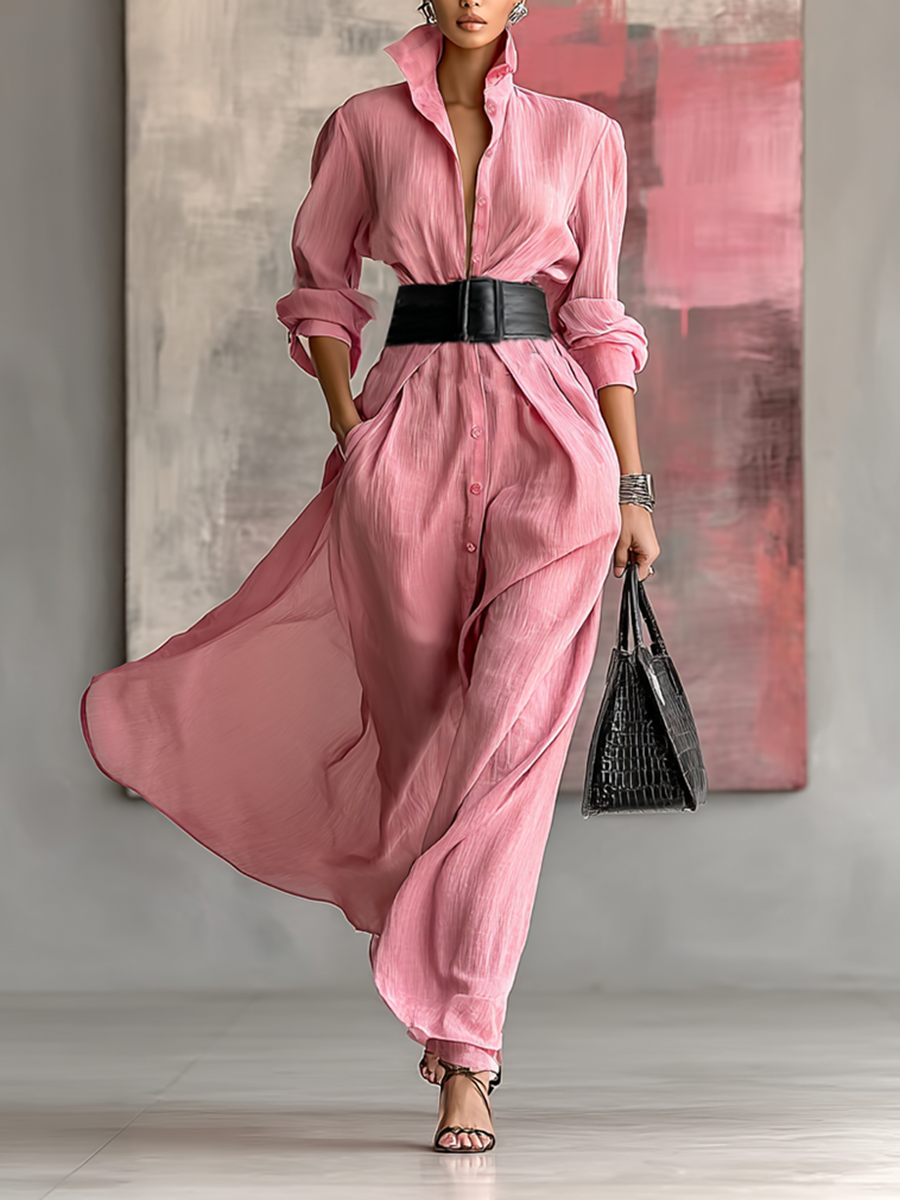 Effortless Pink Shirt Dress for Women with Lapel Collar Button Front Wide Belt Waist Long Sleeve Casual Maxi Style