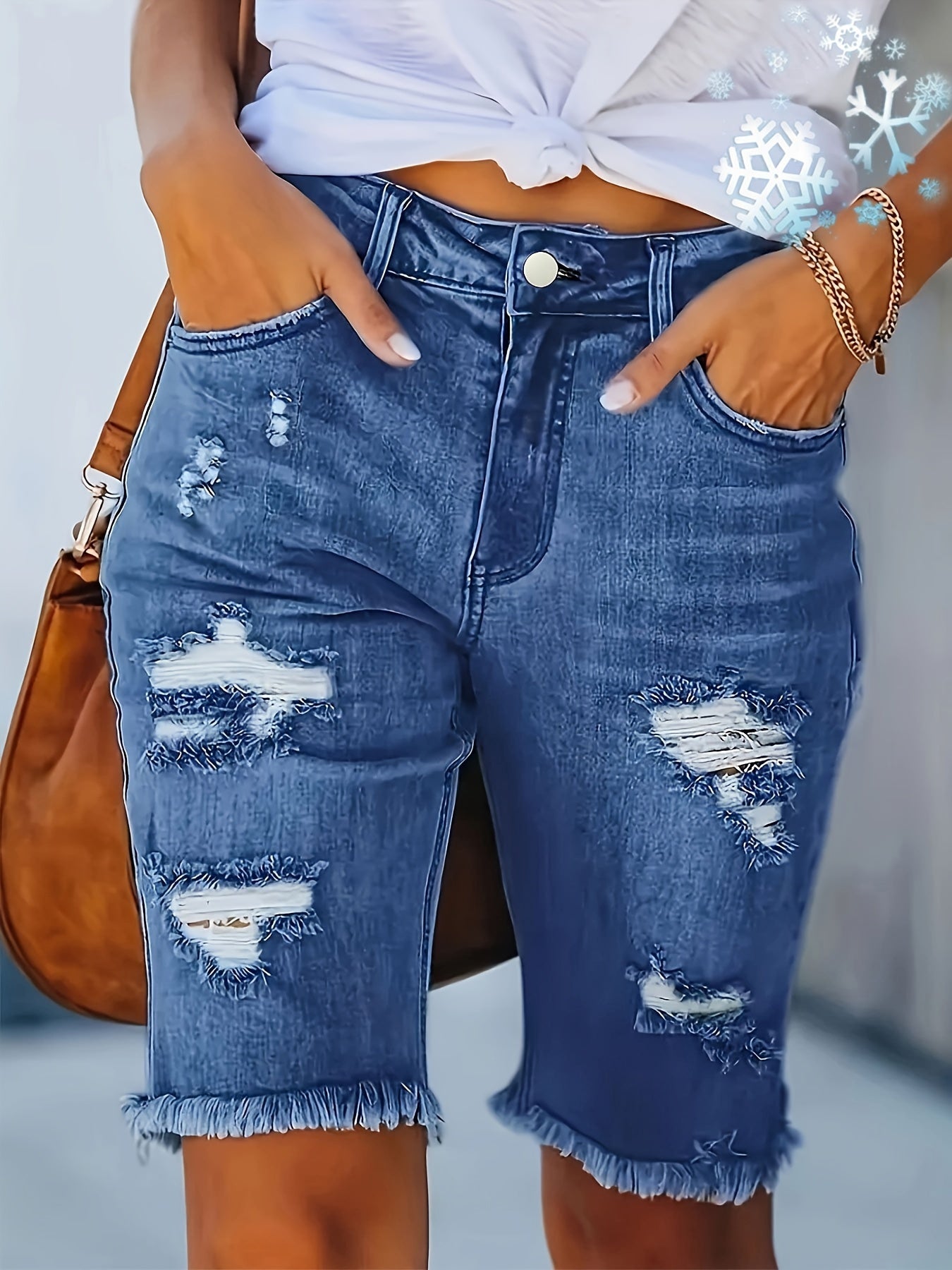 Stylish Denim Shorts for Women with High Waist Ripped Raw Hem Fringe Slim Fit Casual Style