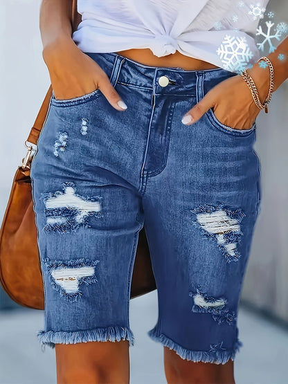Stylish Denim Shorts for Women with High Waist Ripped Raw Hem Fringe Slim Fit Casual Style