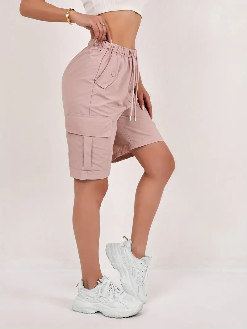 Effortless Pink Cargo Shorts for Women with High Waist Drawstring Button Pocket Relaxed Casual Style