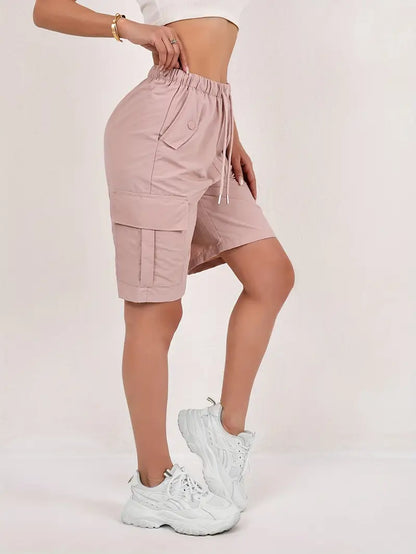 Effortless Pink Cargo Shorts for Women with High Waist Drawstring Button Pocket Relaxed Casual Style