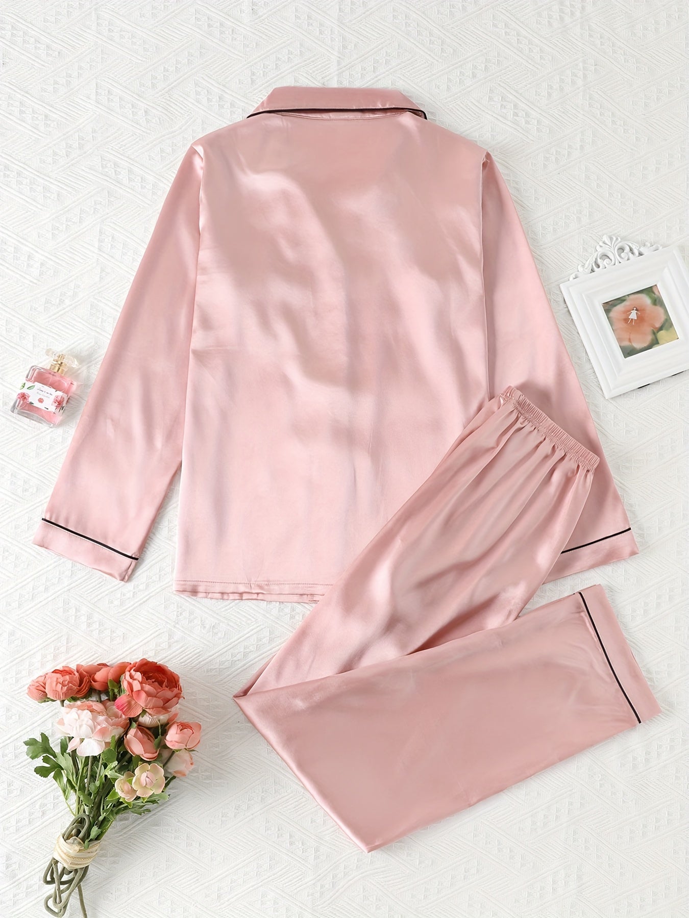 Comfortable Satin Pajamas for Women with Collar Button Front Piping Trim