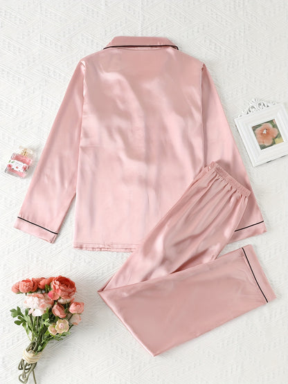 Comfortable Satin Pajamas for Women with Collar Button Front Piping Trim