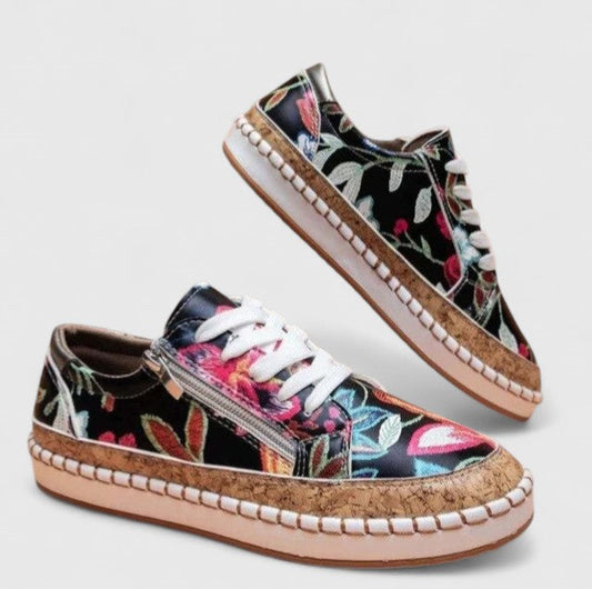 Stylish Floral Platform Sneakers for Women with Cork Espadrille Sole