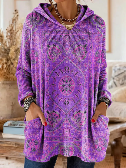 Comfortable Boho Print Tunic Sweater for Women with Hooded Long Sleeve Oversized Pocket Bohemian Style