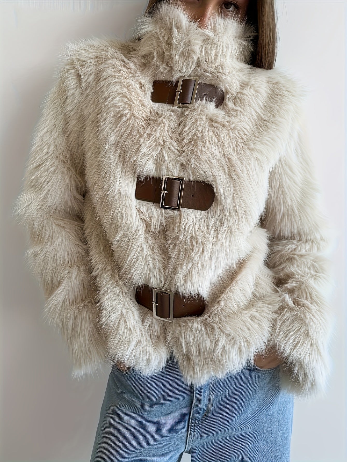 Cozy Cream Flurry Coat for Women with Buckle Front Shaggy Faux Fur Cropped Plush Winter Style