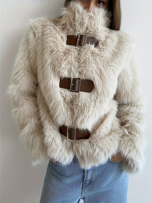 Cozy Cream Flurry Coat for Women with Buckle Front Shaggy Faux Fur Cropped Plush Winter Style