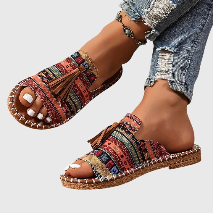 Comfortable Orthopedic Sandals for Women with Ethnic Print Tassel Flat Open Toe Slip On Casual Style