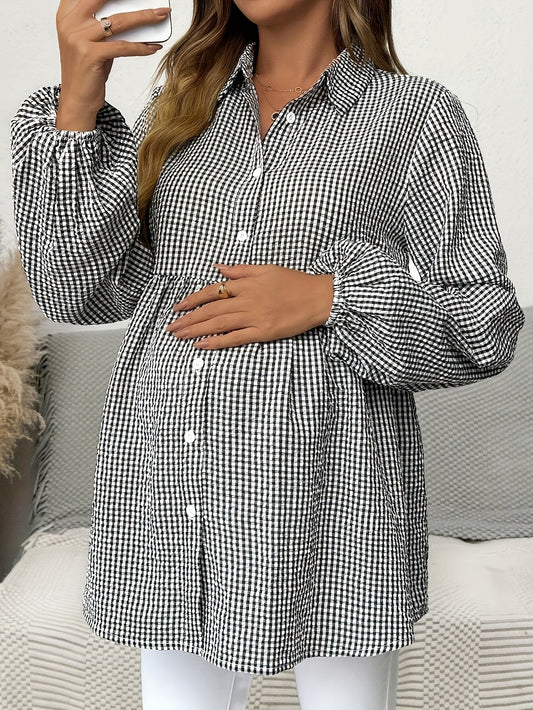 Effortless Gingham Maternity Blouse for Women with Collar Long Sleeve Button Front Babydoll Style