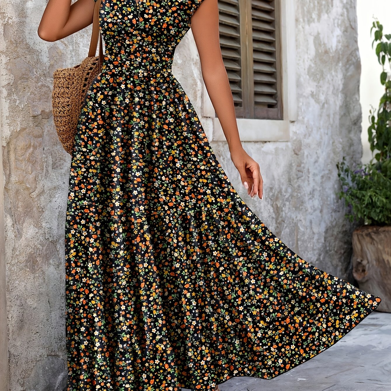 Effortless Floral Boho Dress for Women with V Neck Cap Sleeve Smocked Waist Tiered Flowing Style