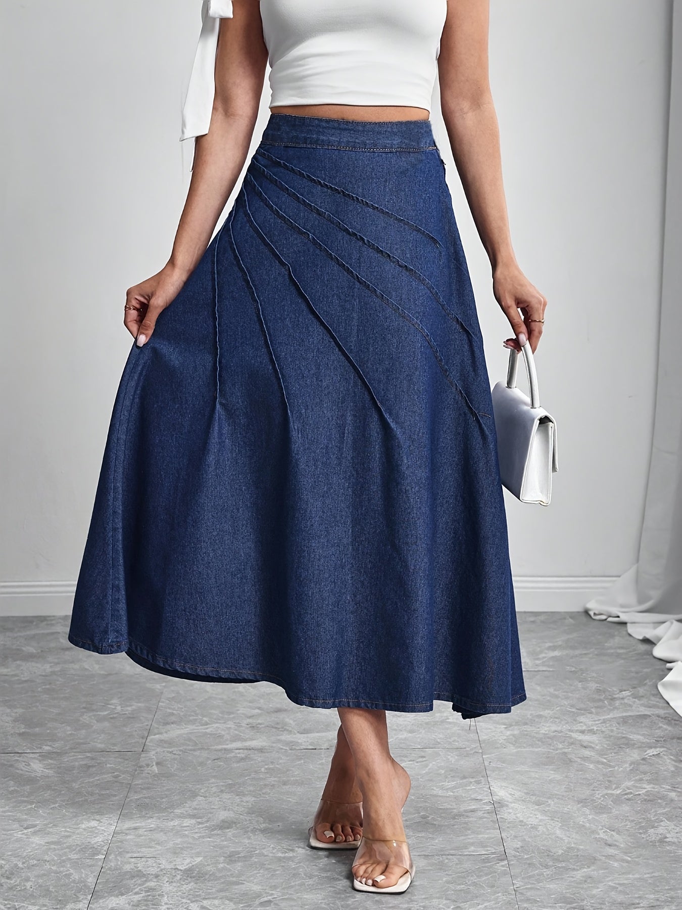 Elegant Deep Blue Denim Maxi Skirt for Women with Pleated A Line Flowing Style