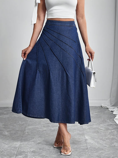 Elegant Deep Blue Denim Maxi Skirt for Women with Pleated A Line Flowing Style