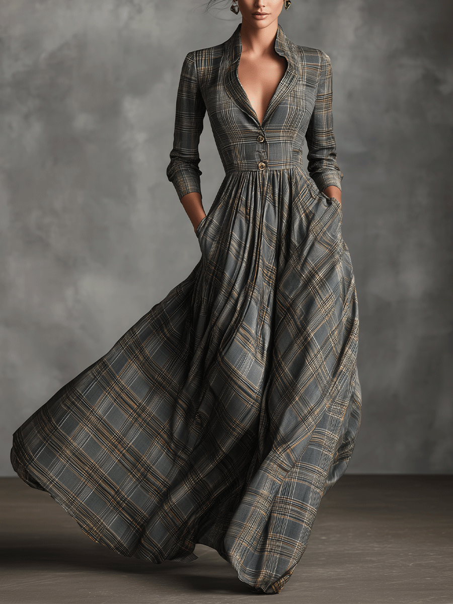 Elegant Tartan Plaid Maxi Dress for Women with Lapel V Neck Button Front Elbow Sleeve Flared Casual Style