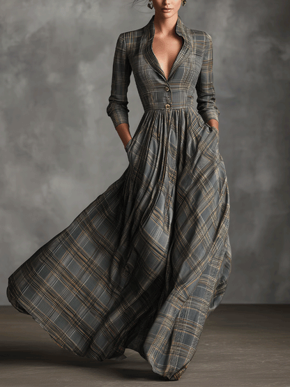 Elegant Tartan Plaid Maxi Dress for Women with Lapel V Neck Button Front Elbow Sleeve Flared Casual Style
