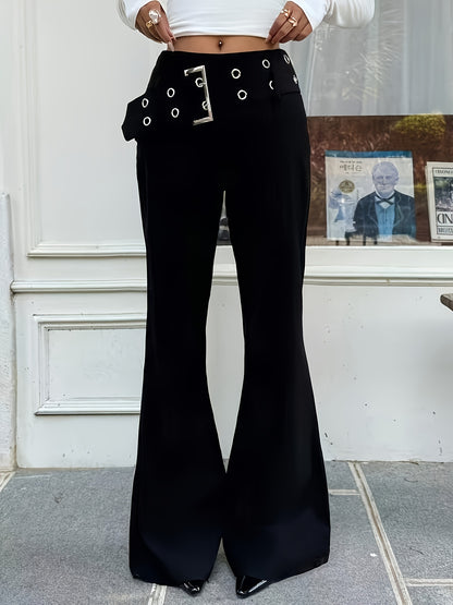 Elegant Black Buckle Jeans for Women with High Waist Grommet Flare Leg Relaxed Style