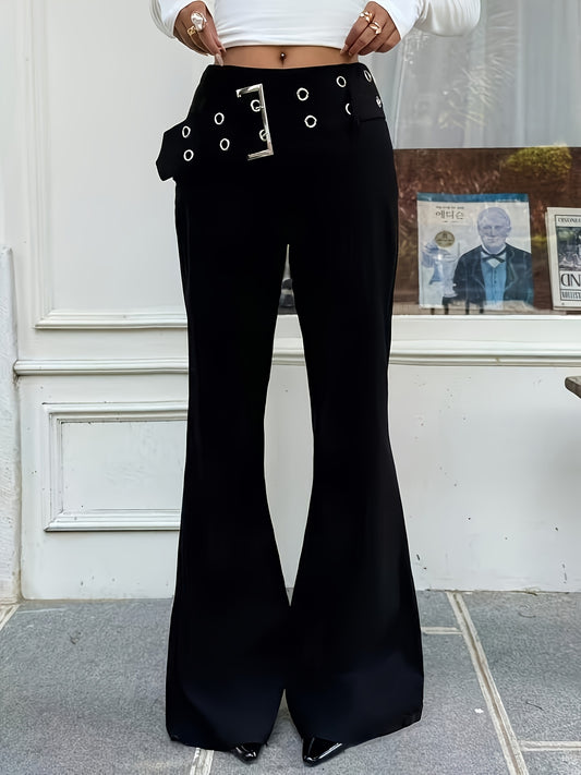 Elegant Black Buckle Jeans for Women with High Waist Grommet Flare Leg Relaxed Style