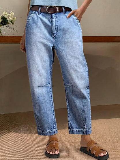 Effortless Light Blue Denim Mom Jeans for Women with High Waist Patch Pocket Tapered Ankle Slit Style