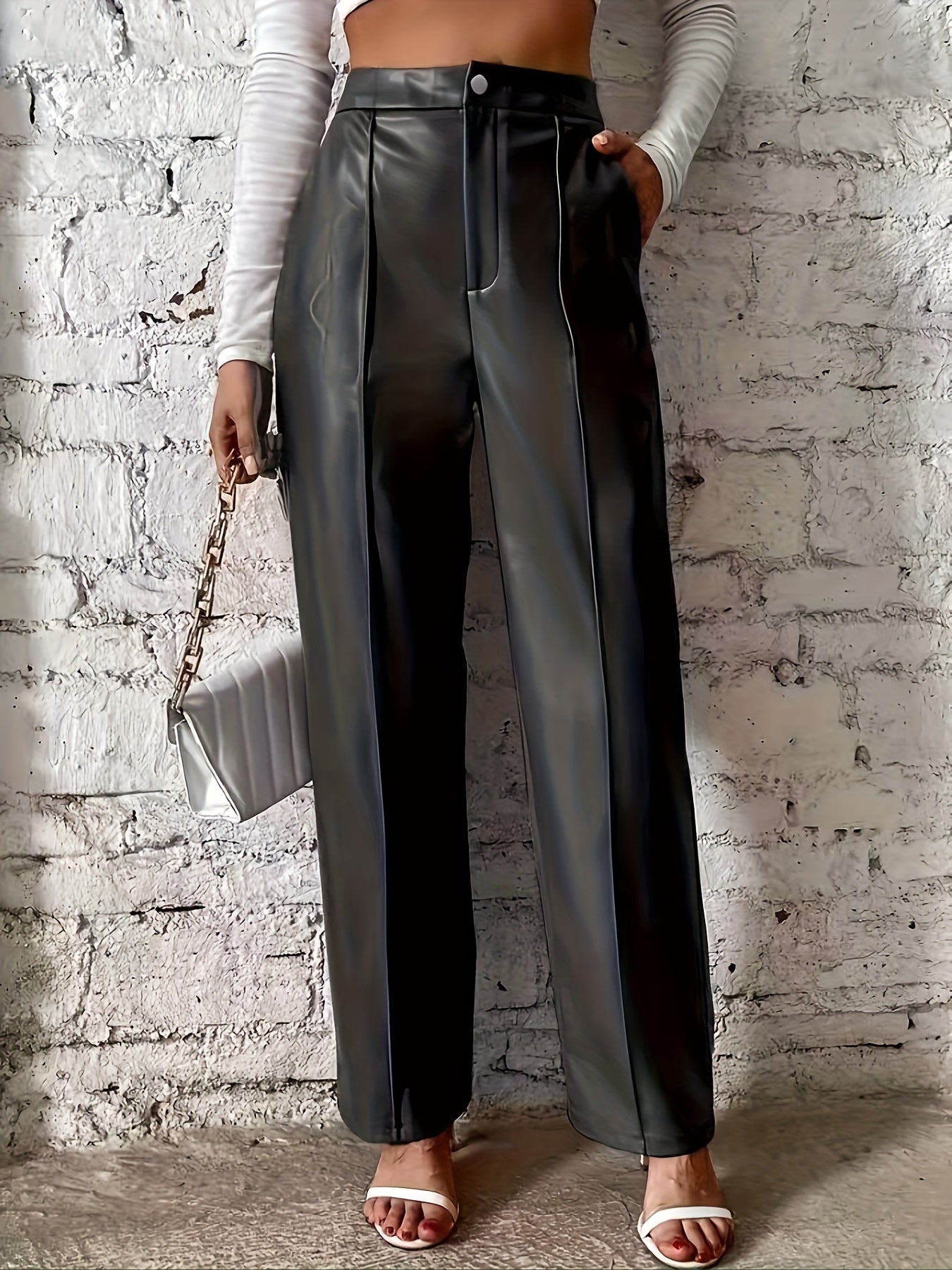 Elegant Black Faux Leather Slacks for Women with High Waist Pintuck Wide Leg Relaxed Style