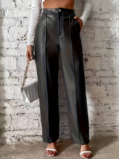 Elegant Black Faux Leather Slacks for Women with High Waist Pintuck Wide Leg Relaxed Style