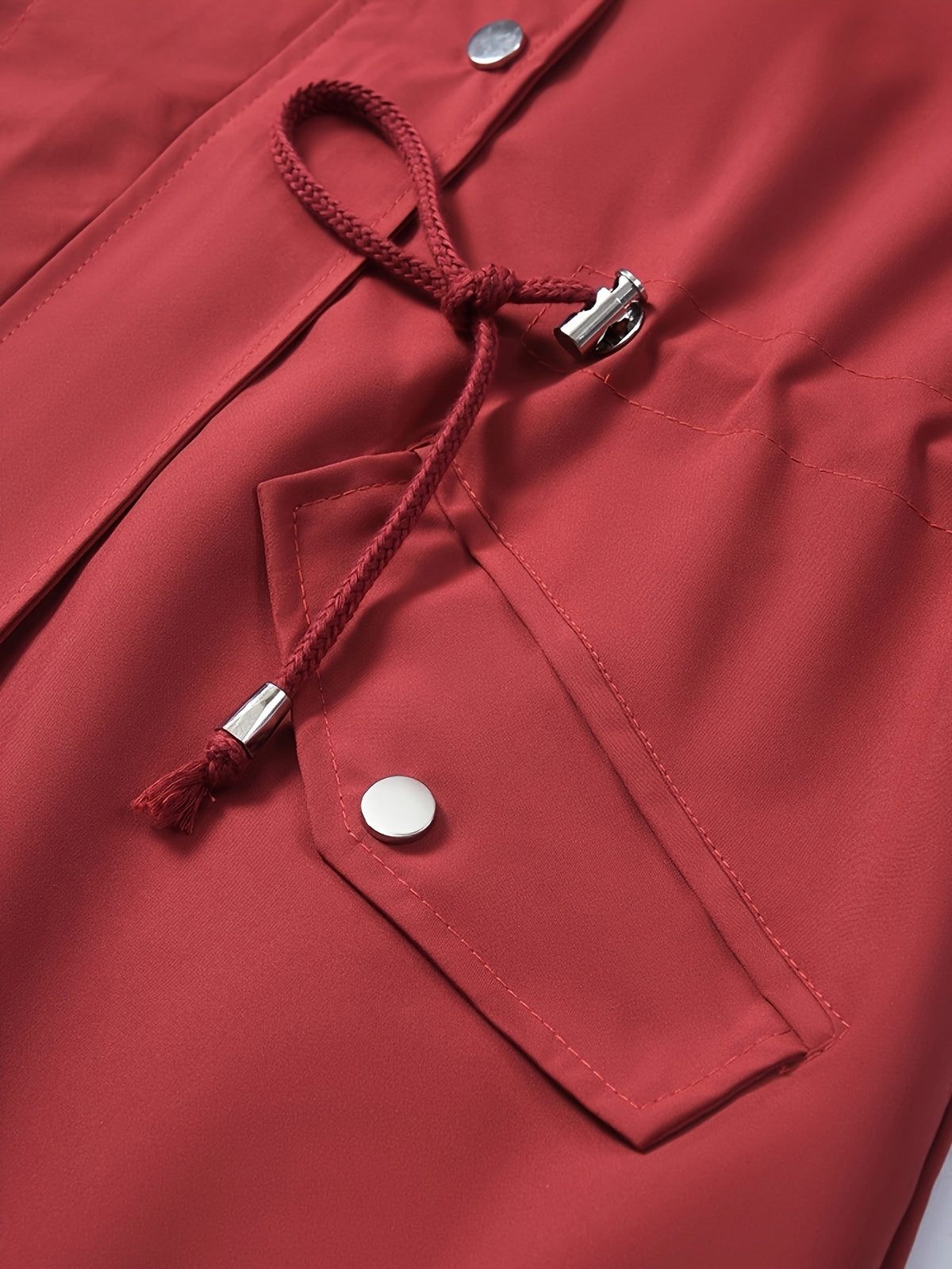 Stylish Red Hooded Rainwear Jacket for Women with Plaid Lining Drawstring Waist Zip Front Outdoor Style