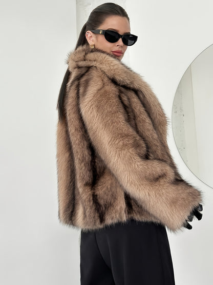 Elegant Khaki Fur Coat for Women with Notch Collar Long Sleeve Oversized Cropped Style
