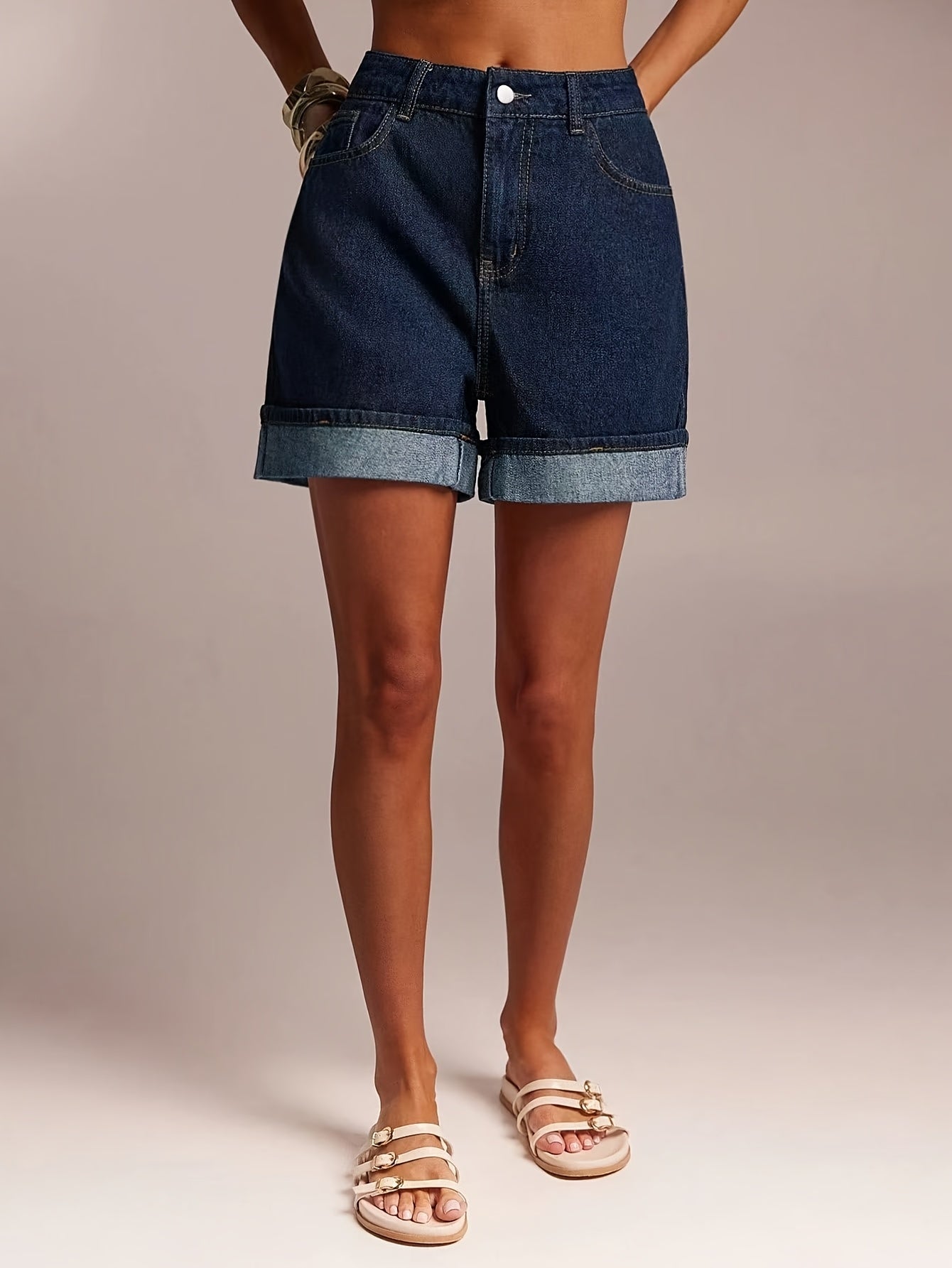 Effortless Medium Blue Jean Shorts for Women with High Waist Cuffed Pocket Relaxed Style