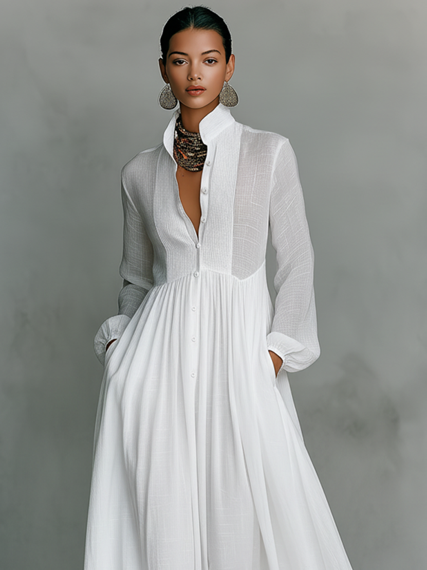 Effortless Linen Maxi Dress for Women with Stand Collar Button Front Long Sleeve Flowing Casual Style