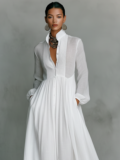 Effortless Linen Maxi Dress for Women with Stand Collar Button Front Long Sleeve Flowing Casual Style