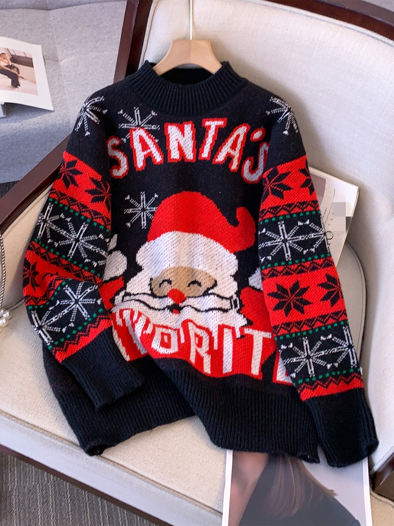 Cozy Black Santa Christmas Tacky Sweater for Women with Crew Neck Long Sleeve Oversized Knit Style