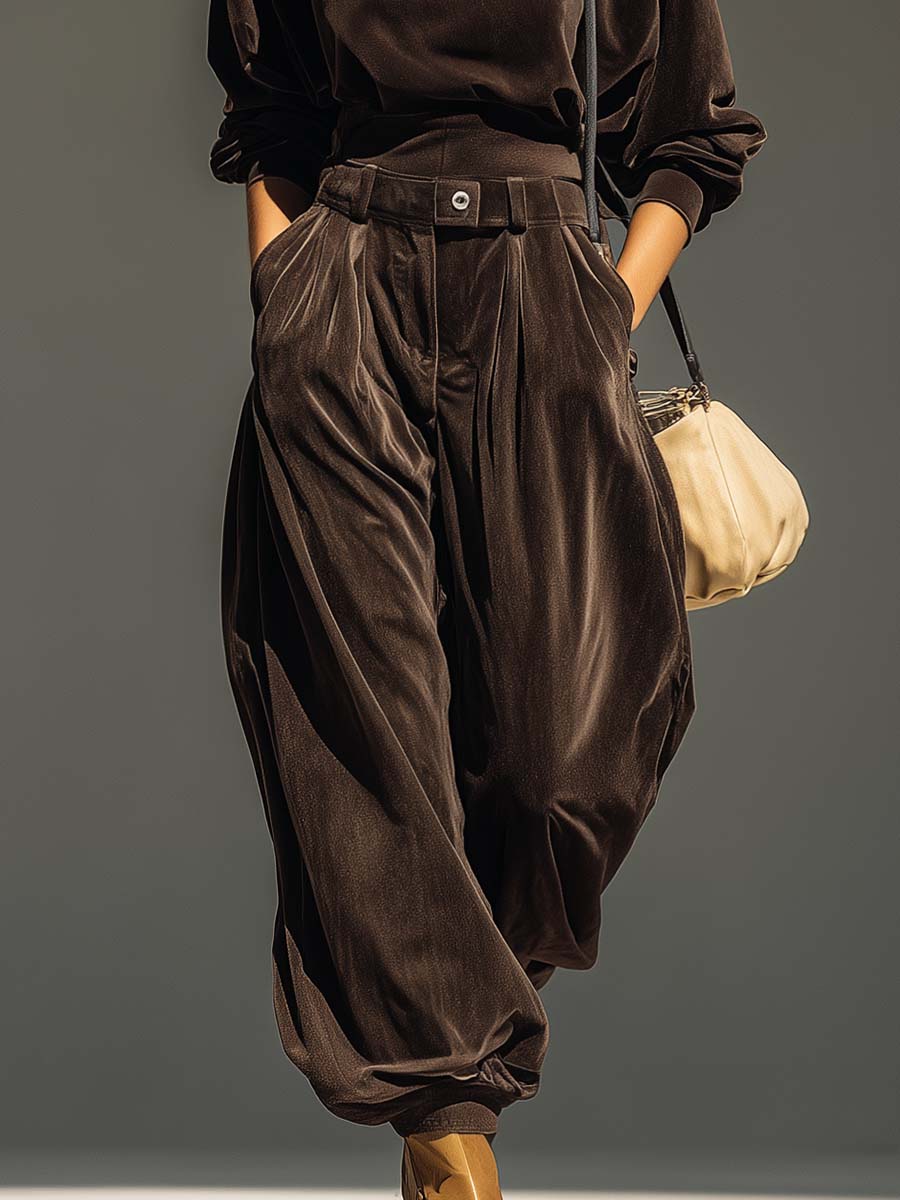 Elegant Velvet Two Piece Set for Women with Draped Cowl Neck and Wide Leg Trousers