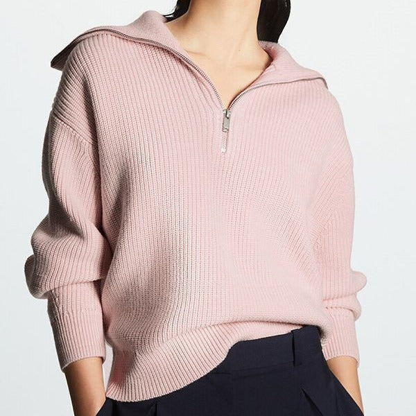 Cozy Striped Quarter-Zip Knit Sweater for Women with Funnel Collar Long Sleeve Ribbed Pullover Style