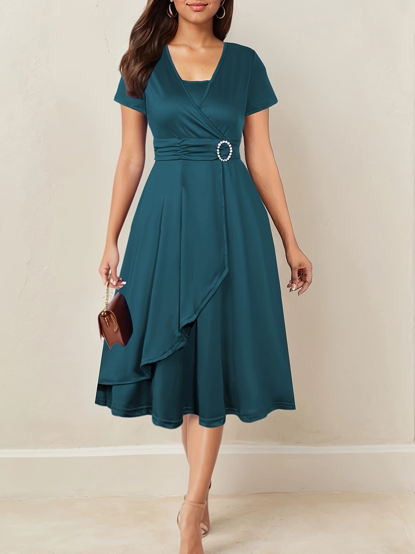 Elegant Ruched Cocktail Dress for Women with Surplice Neck Short Sleeve Asymmetrical Ruffle Hem Formal Wedding Guest Style