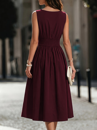Refined Semi Formal Dress for Women with Round Neck Sleeveless Shirred Waist Fit and Flare Midi Party Style