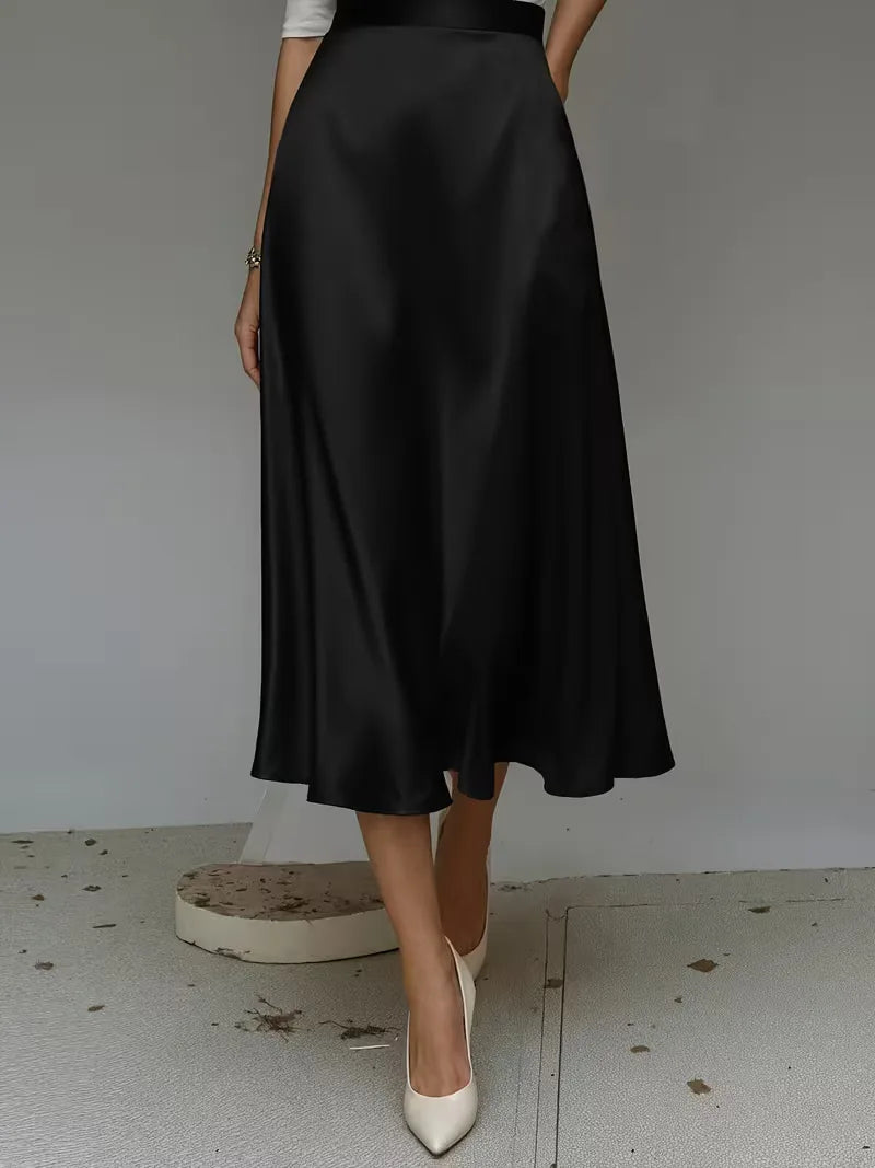 Elegant Satin Midi Skirt for Women with High Waist A Line Pocket Flowing Style