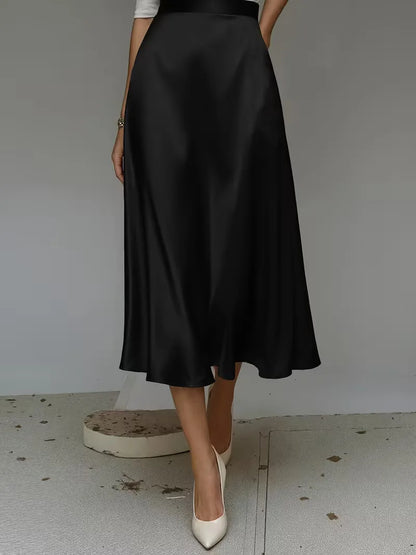 Elegant Satin Midi Skirt for Women with High Waist A Line Pocket Flowing Style