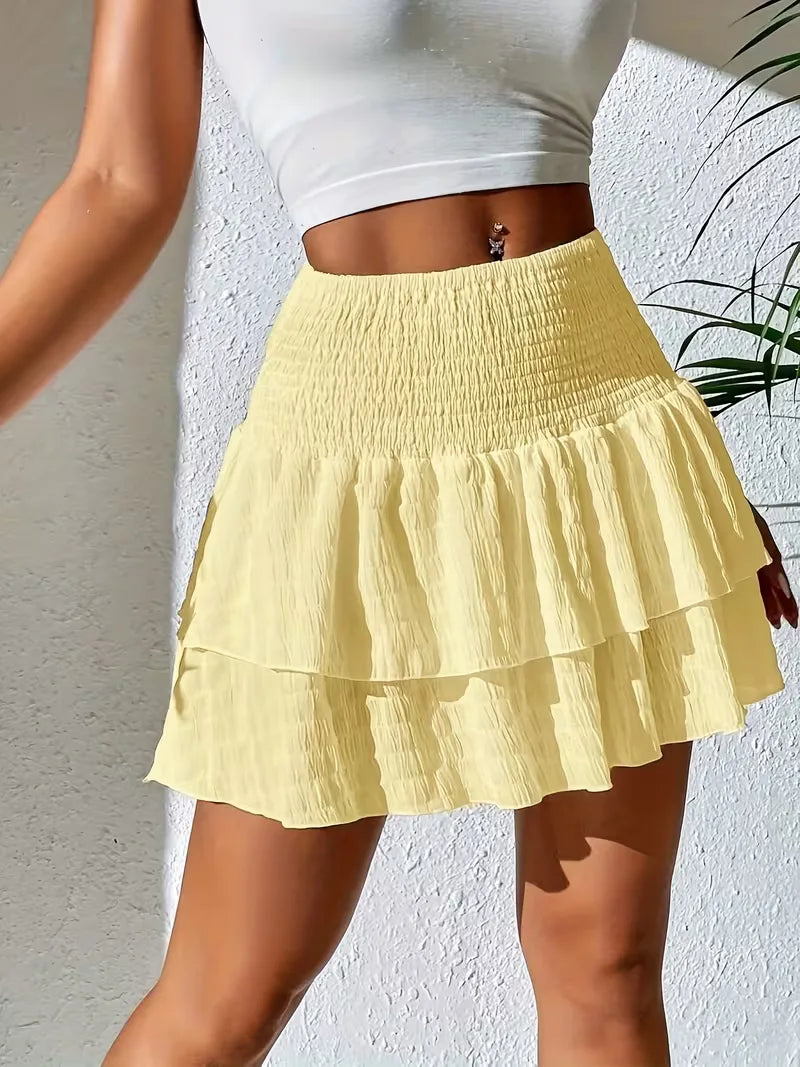 Effortless Tiered Mini Skirt for Women with Smocked High Waist Ruffle Layered Style