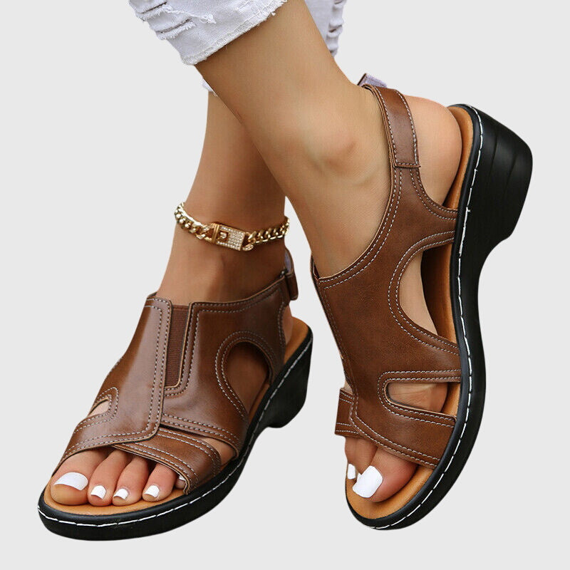 Comfortable Orthopedic Sandals for Women with Cutout Leather Upper Wedge Heel Slingback Open Toe Casual Style