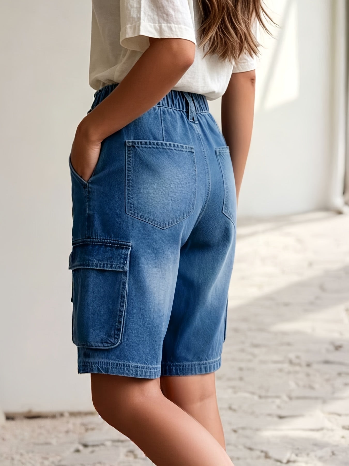 Effortless Blue Denim Cargo Jean Shorts for Women with High Waist Tie Waist Utility Pockets