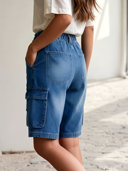 Effortless Blue Denim Cargo Jean Shorts for Women with High Waist Tie Waist Utility Pockets